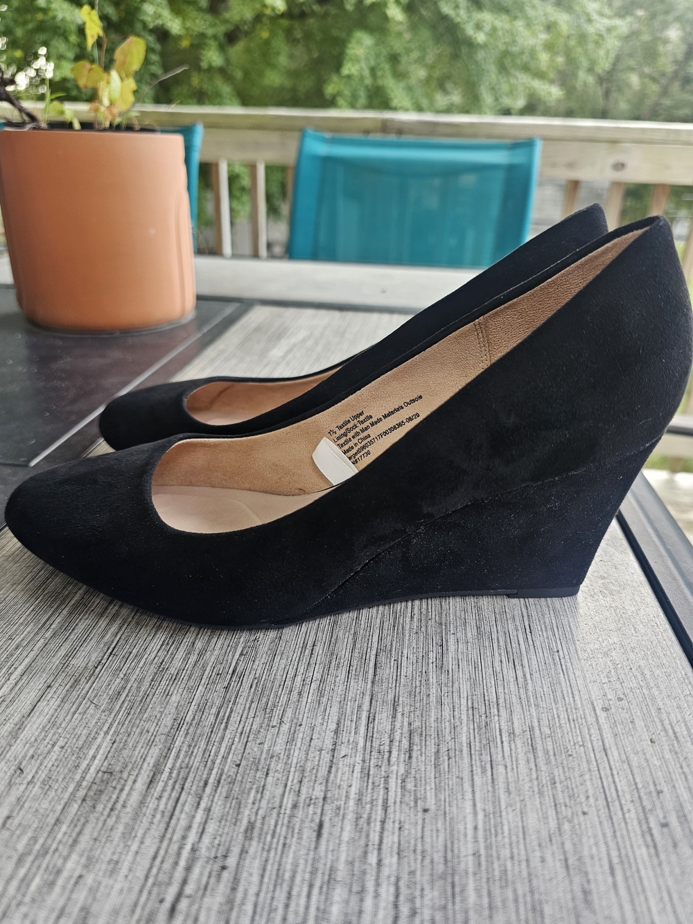 A New Day Dot Black Faux Suede Wedge Round Toe Pumps Heels Size 7.5 Office Wear
